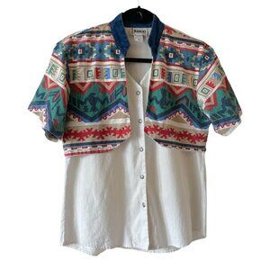 Vintage Banjo Button Front Shirt Southwestern Cowboy Rodeo Aztec Size Small